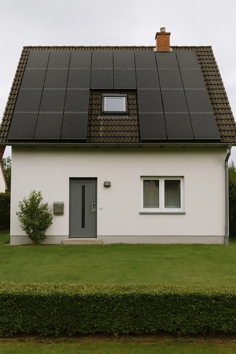 Deutsches Einfamilienhaus mit Photovoltaik-Anlage auf dem Dach