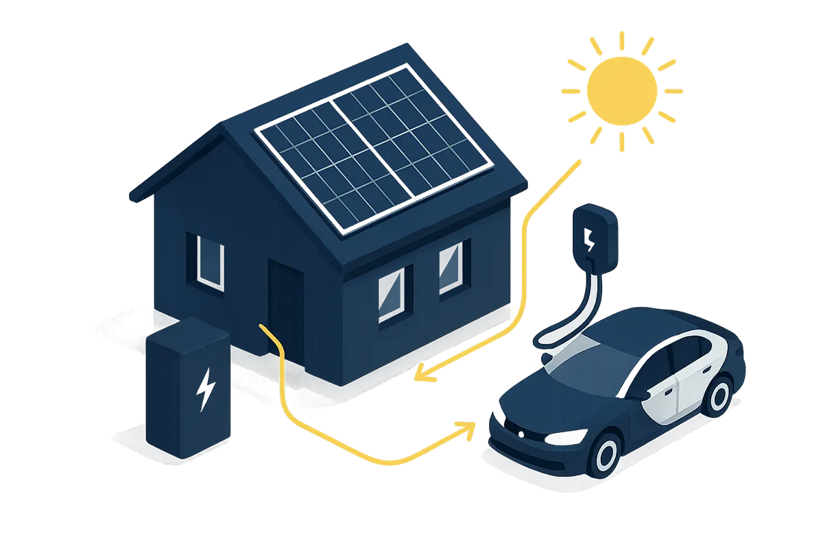 Isometrische Darstellung: Solaranlage, Batteriespeicher, Wallbox und E-Auto eines Haushalts